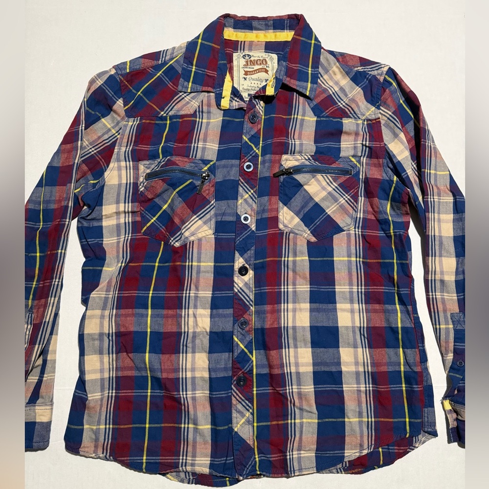 Y2K JNCO‎ LS Flannel Plaid Button Up, Zip Pockets, men's large #325